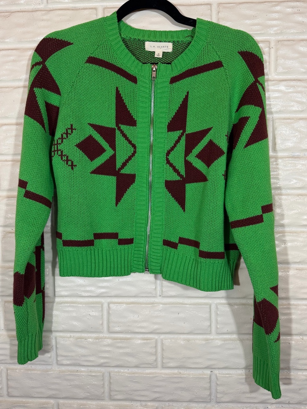L.A. Hearts by PacSun Green Brown Southwestern Zip Up Knit Cardigan M